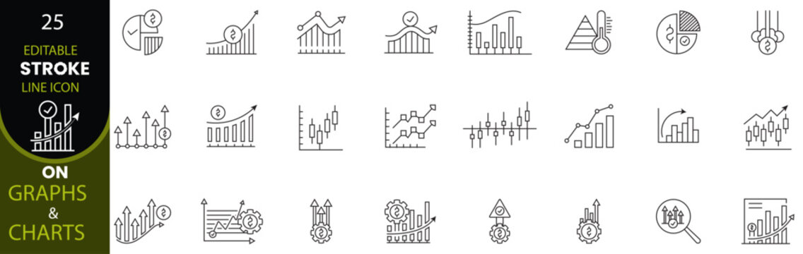 Infographic graph chart vector icon set on business and finance with editable line art