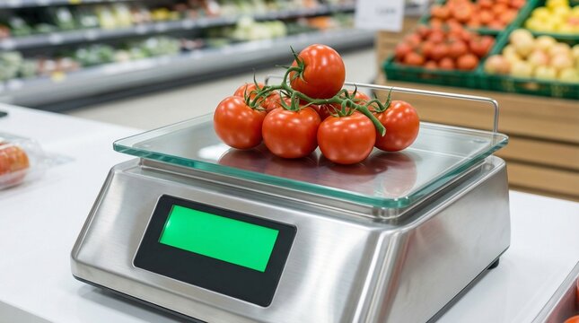Fresh red tomatoes on a vine being weighed on a digital stainless steel scale in a grocery store, healthy shopping and food retail concept.
