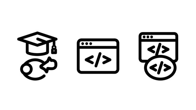 Education and Software Development Outline Icons Featuring Learning, Coding, Programming, and Digital Knowledge Transfer.