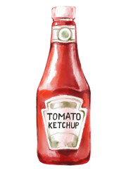 Tomato sauce Ketchup in glass bottle watercolor painting illustartion food condiment art © glowonconcept