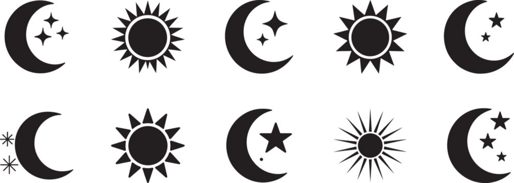 Night icon set. Editable linear moon, stars, and nighttime symbols collection vector EPS file.