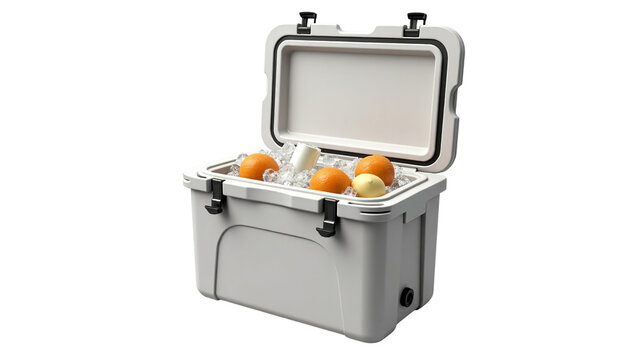 Portable outdoor gray cooler box with ice and fresh fruits and eggs ideal for camping and outdoor activities with durable design and black accents