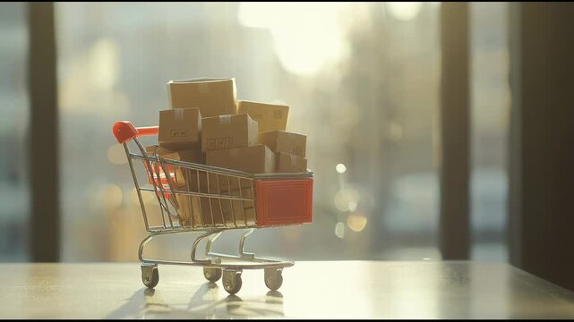 Miniature shopping cart full of cardboard delivery boxes placed on a table near a window with blurred city lights in the background representing online shopping and e commerce