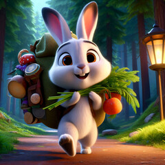 A white rabbit with a big backpack full of supplies walks on the path.