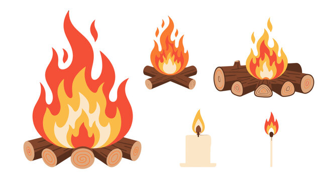 Vibrant Cartoon Campire with Dynamic Orange and Red Flames Atop Stacked Logs.