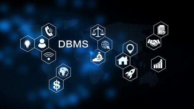 DBMS, Database Management System concept with icons, with gears modern technology, internet and social media icons 4K animation