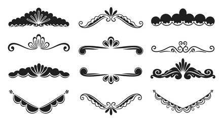 A collection of nine ornate black floral swirls and decorative flourishes on transparent background silhouette high quality professional detailed © Muskan