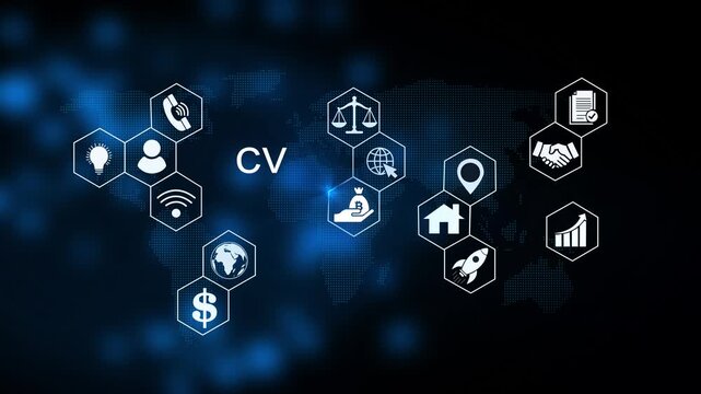 CV Coefficient of Variation acronym. CV acronym Ratio of standard deviation to the mean, indicating relative variability. Modern technology, internet and social media icons