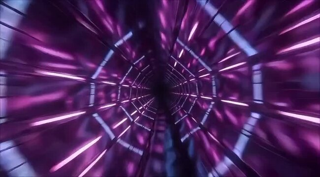 Futuristic Hexagonal Geometric Tunnel Loop, Abstract Scifi Architecture with Metallic Surfaces and Glowing Neon Light Accents
