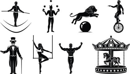 Circus Silhouette Set, Carnival Performer Vector Icons, Juggler Lion Acrobat Graphics, Tightrope Walker Shapes, Carousel Ride Elements, isolated black, entertainment, show © Razia