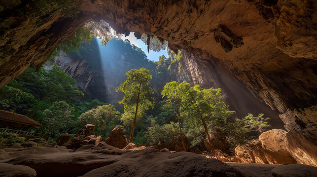 AI generator images of a cave ceiling with shafts allowing sunlight to shine down in beautiful beams.