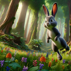 The rabbit hopped into the forest, amidst towering trees and colorful wildflowers.