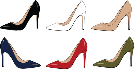 Women high heel shoes illustration set with elegant stiletto pumps fashion footwear collection colorful vector isolated on white background design