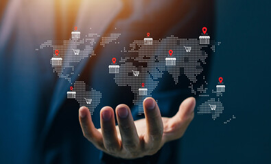 Global e-commerce business expansion with online store icons across world map, representing international retail growth, digital marketplace, and cross border trade strategy. © saranyoo