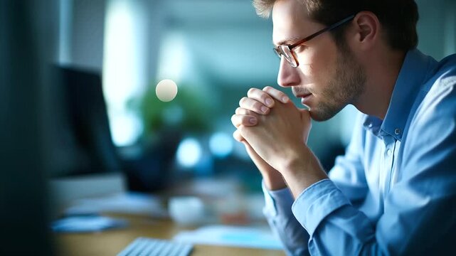 Faceless review man thinking with computer in office heavily defocused background anonymous person for internal control ideas risk management reading check financial records