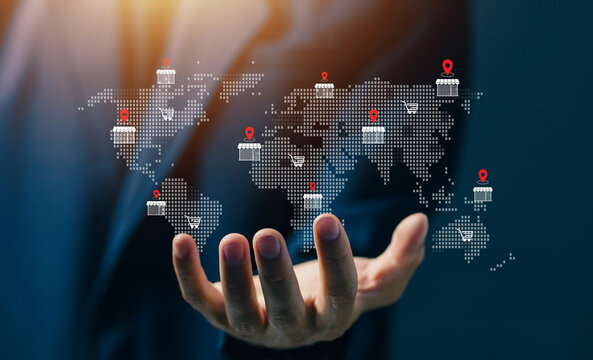 Global e-commerce business expansion with online store icons across world map, representing international retail growth, digital marketplace, and cross border trade strategy.