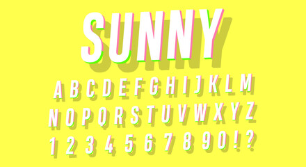 Obraz premium Sunny 3D Font - White Letters with Colorful Shadow Alphabet on Yellow