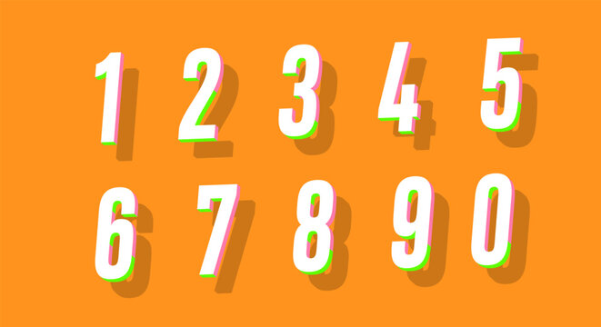 Retro 3D Numbers - White Digits with Colorful Shadow Set on Orange Background
