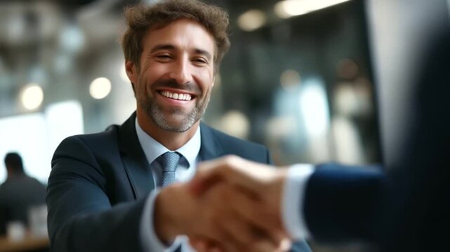 Faceless smile meeting business people with handshake heavily defocused interview background anonymous happy human resources employee shaking hands with candidate recruitment