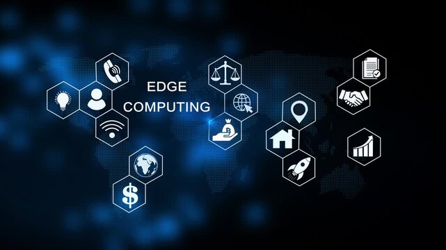 Edge computing modern IT technology on virtual screen. Business, Technology, Internet and social media icons 4K animation