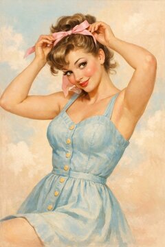 Charming retro pin up painting of a smiling woman in light blue dress tying a pink bow in her hair against a soft cloudy sky, perfect for beauty or fashion themes.