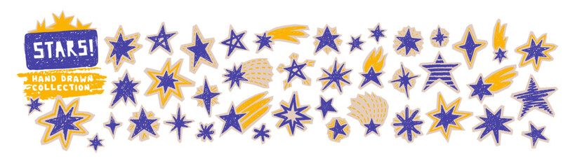 Crayon hand drawn doodle stars. Sketch icons of cute magic sparks, glint and shooting stars with chalk texture. Abstract stickers set of twinkle lights and sparkles, vector illustration © sapunkele