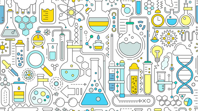 Seamless pattern - school chemistry background, geometric science laboratory background. Medical, chemical or biology lab, school education concept with tubes and flasks, vector illustration
