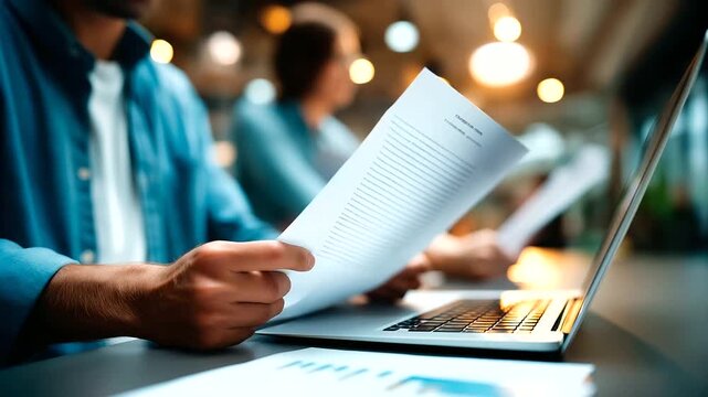 Faceless computer paperwork business team with advice heavily defocused office background anonymous financial analyst people coworking with graphs revenue report KPI forecasting