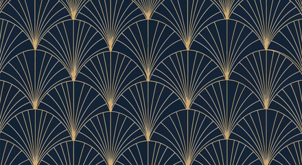 Art Deco fan pattern in gold lines on a dark blue background. The symmetrical, repetitive arches convey a sense of elegance and vintage charm. © Jdieo