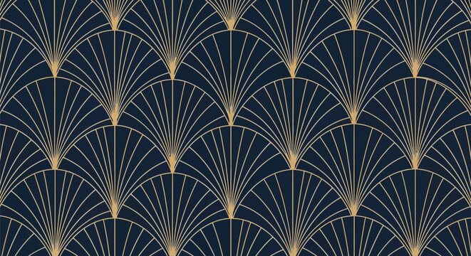 Art Deco fan pattern in gold lines on a dark blue background. The symmetrical, repetitive arches convey a sense of elegance and vintage charm.