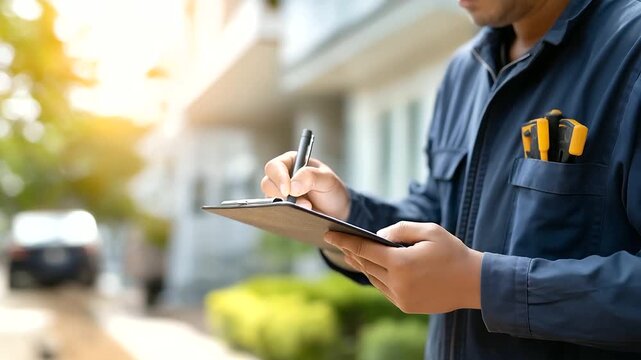 Faceless man technician writing on clipboard at house heavily defocused background anonymous male person with toolbox for inspection plumbing evaluation report home maintenance