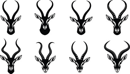 Impala Head Silhouette Set, African Gazelle Vector Icons, Antelope Horn Graphics, Wildlife Safari Elements, Isolated Animal Heads, Nature Conservation Symbols, Black © Razia