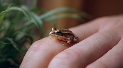 A tiny frog rests on a human finger with lush green foliage blurred in the background