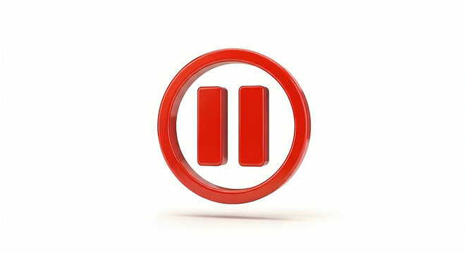 Red pause button with a circular frame on a white background, 3d rendering