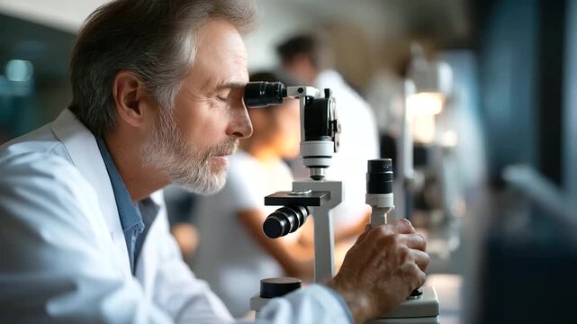 Faceless optometrist man patient with eye exam machine heavily defocused background anonymous people with vision test determine prescription assessment optometry lens selection