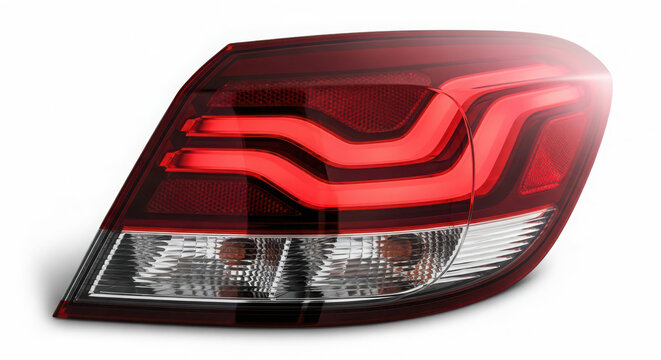 Striking red rear car tail light with modern LED accents and chrome detailing, isolated