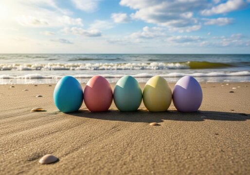 Five colorful easter eggs lined up on a sandy beach by the ocean