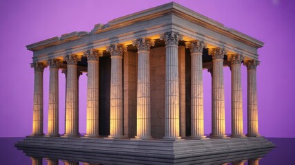 Obraz premium A majestic ancient Greek temple featuring classical columns stands grandly against a vibrant purple background.