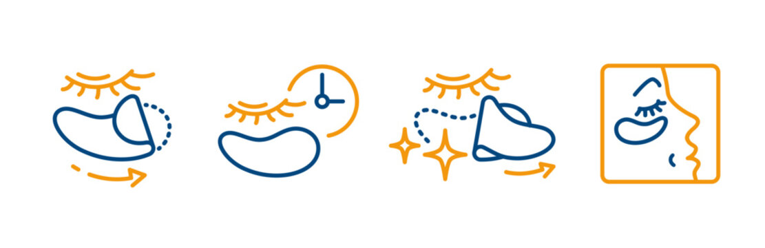 eye patches icons, set icon of apply patches under the eyes, time to use mask, shiny effect after removing, instructions for skin eye care, applying face mask, line vector with editable stroke 