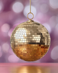 Fototapeta premium Gold disco ball, shiny mirror surface, hanging decoration, festive party atmosphere, pink bokeh background, celebration, glamorous mood