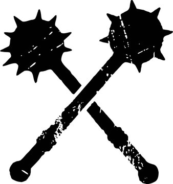 Crossed medieval maces silhouette weapon symbol with spiked club heads and textured handles on white background