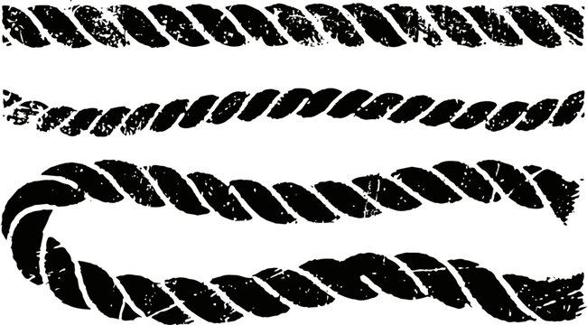 Grunge black rope borders set rough textured twisted rope design elements, vintage nautical frames and dividers