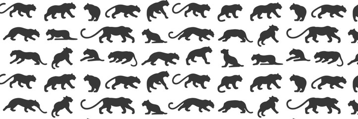 Seamless Pattern of Black Panther Silhouettes in Various Poses on White Background leopard jaguar © It's Sahed