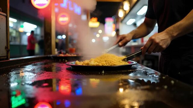 Street vendor flipping noodles under neon - Cinematic close capture of a street food vendor flipping noodles on a hot griddle with steam and neon reflections. 16:9, FHD, 25fps, 8s, no audio.