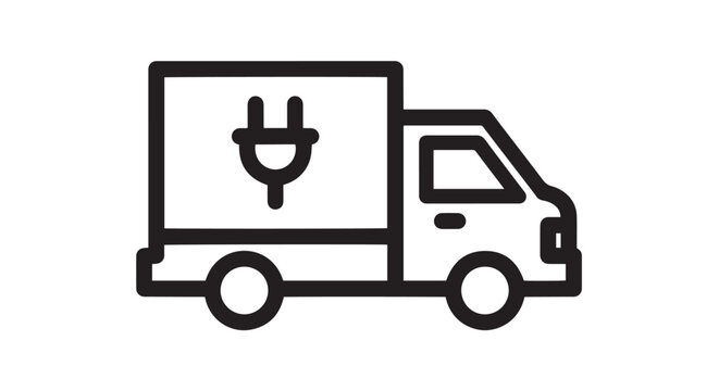 Simple black line vector graphic illustration of an electric delivery truck with a charging plug symbol