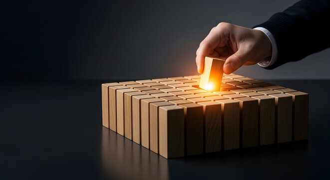 Hand placing a glowing wooden block into a grid of plain wooden blocks, symbolizing a unique innovative solution