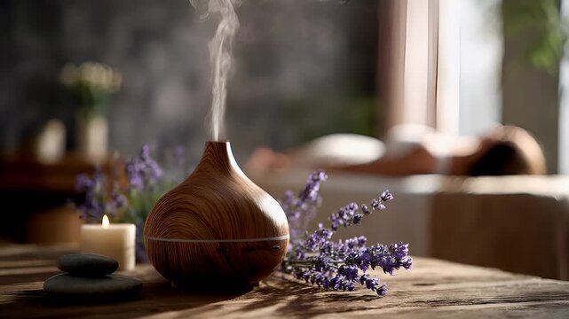 Therapy stress release treatment, health lifestyle. A wooden diffuser emitting a pleasant aroma, surrounded by lavender flowers and a lit candle, set against a blurred background.