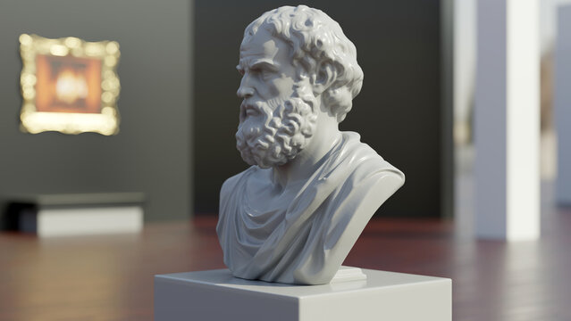 Heraclitus statue bust in a museum display. Ancient greek philosopher marble head, 3d