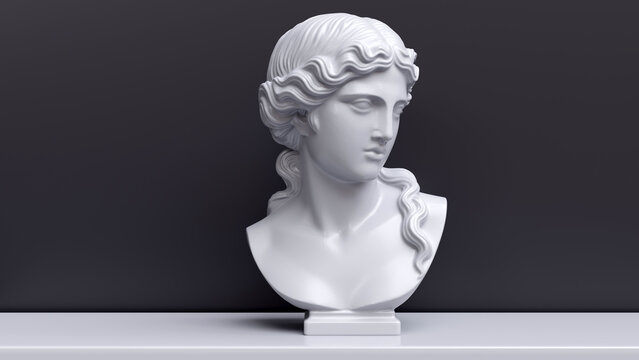 Aphrodite statue bust in a museum display, Venus marble sculpture against a dark wall, 3D