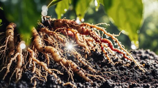 Tangled healthy plant roots exposed in rich soil with moist earth and organic texture